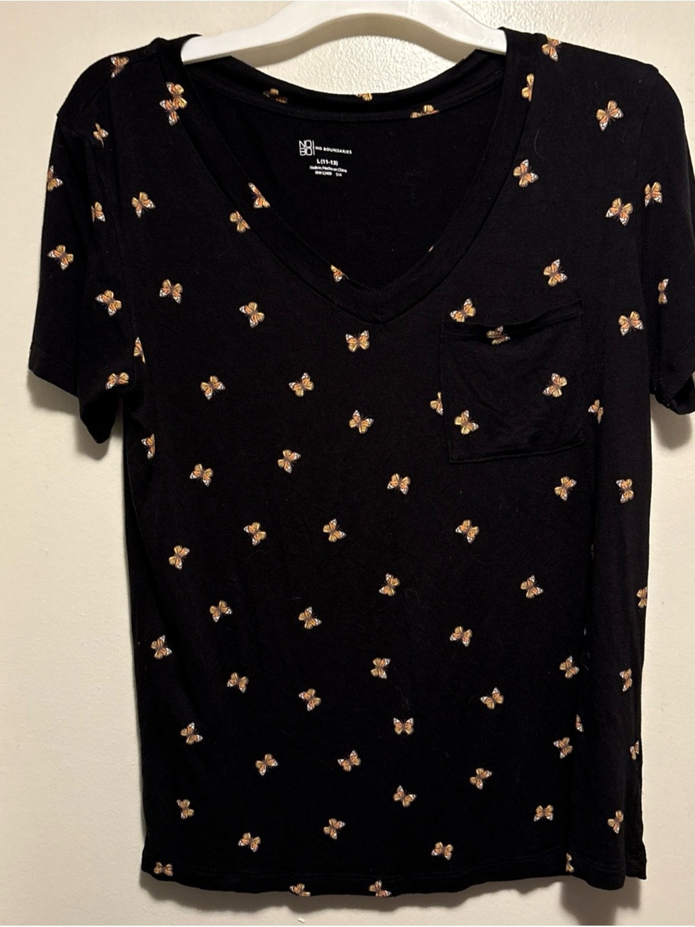 No Boundaries Black Tee with Small Tan Butterfly Accents